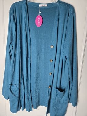 Halife Teal Open-Front Cardigan with Front Pockets
